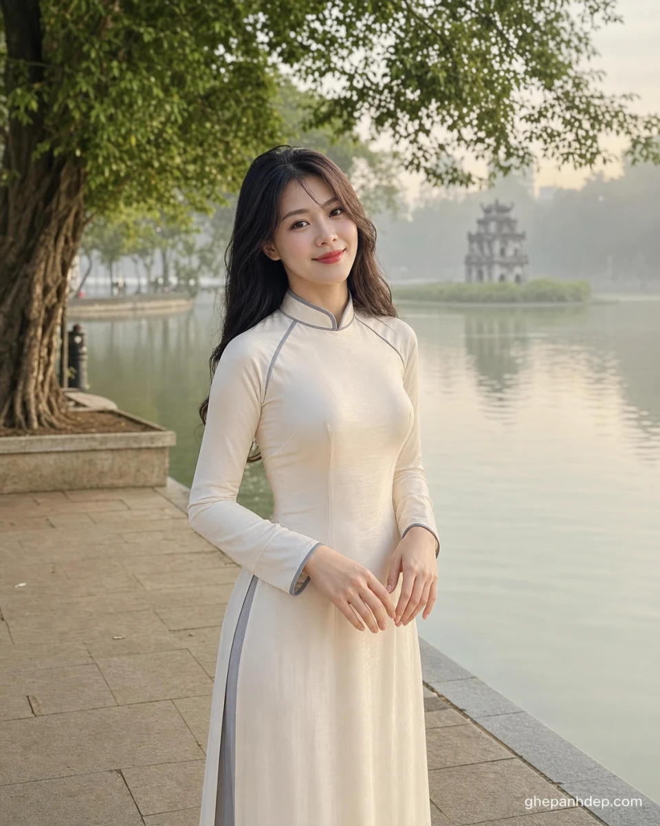 Ảnh Tết 2026 áo dài Hồ Gươm sớm - mẫu Ảnh Tết
