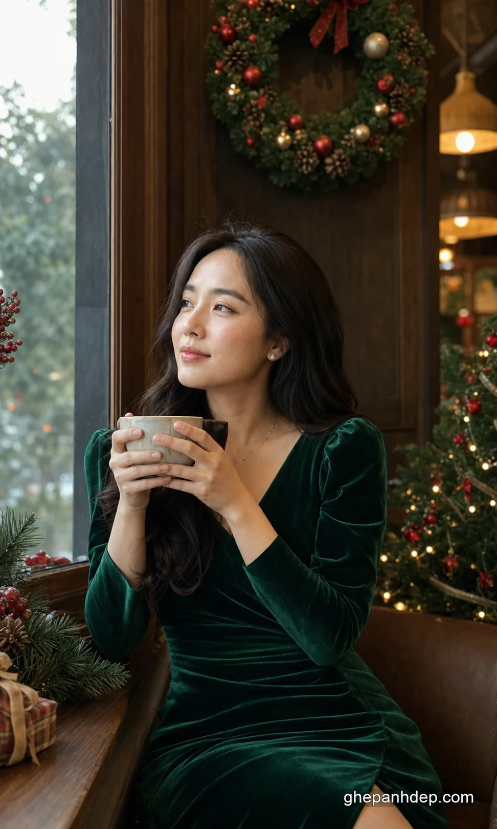 Ảnh Noel váy xanh trong quán cà phê - mẫu Ảnh Noel
