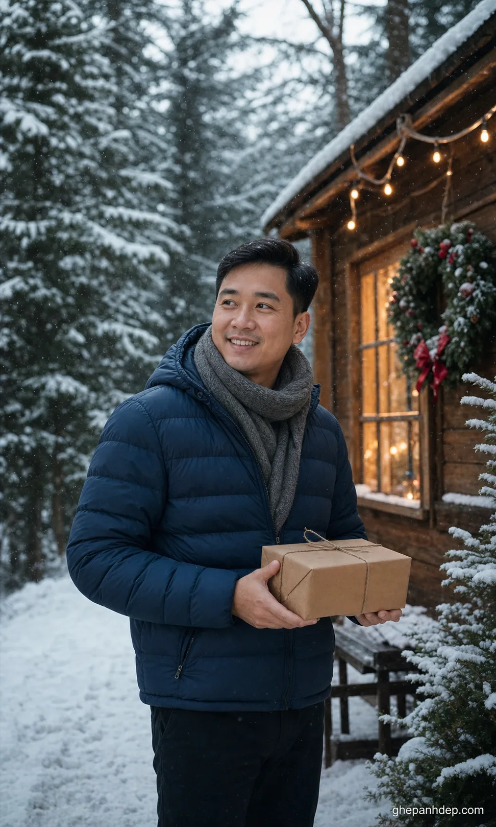 Ảnh Noel bên nhà gỗ giữa trời tuyết - mẫu Ảnh Noel