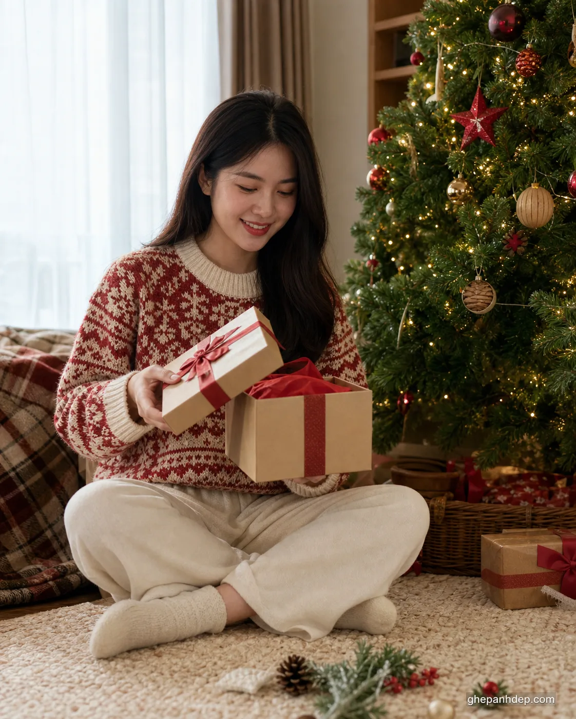 Ảnh Noel mở quà trong phòng ấm - mẫu Ảnh Noel