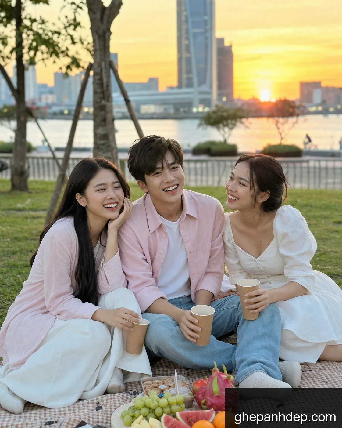 Ghép ảnh bạn thân picnic ven sông - mẫu Ghép ảnh theo mẫu