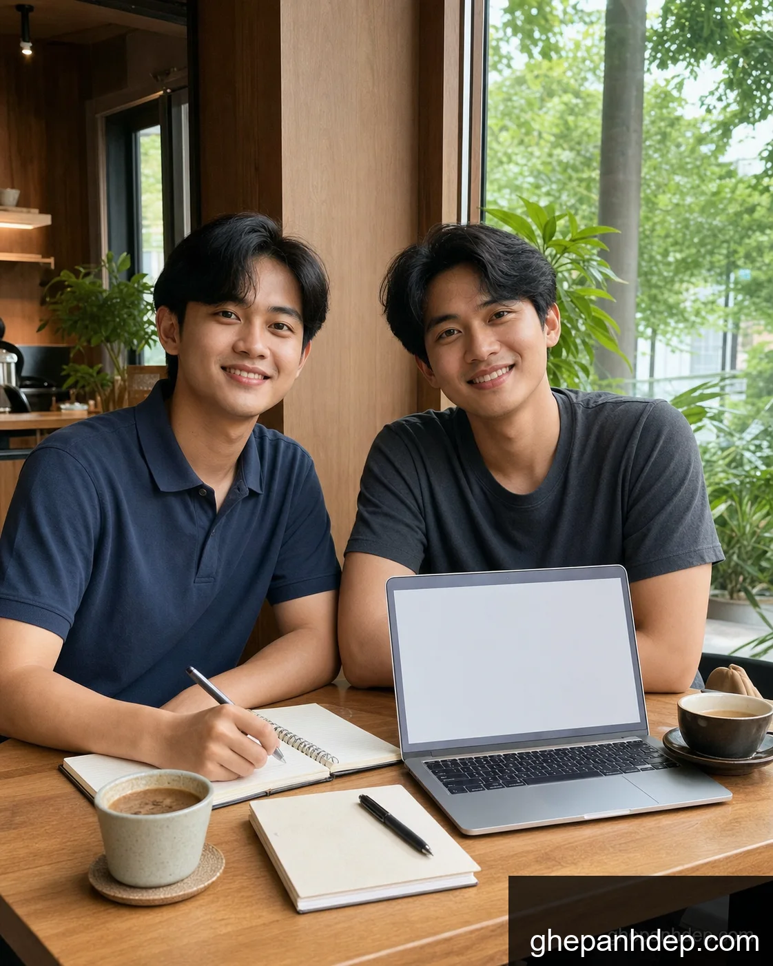 Ghép ảnh bạn làm việc chung ở quán cafe - mẫu Ghép ảnh theo mẫu