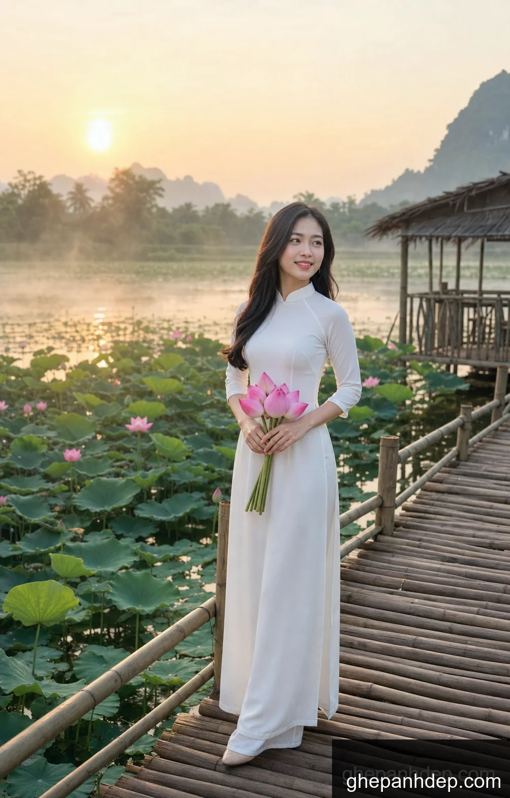 Ảnh áo dài trắng bên hồ sen sương sớm - Ảnh hoa sen