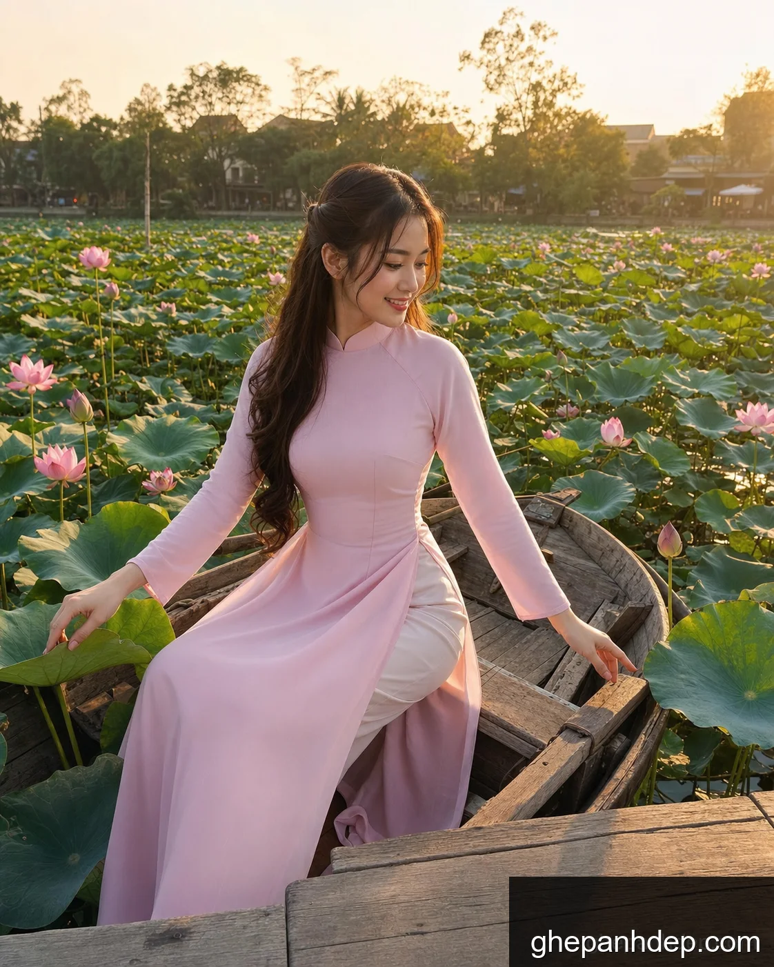 Ảnh hoa sen trên thuyền gỗ golden hour - Ảnh hoa sen
