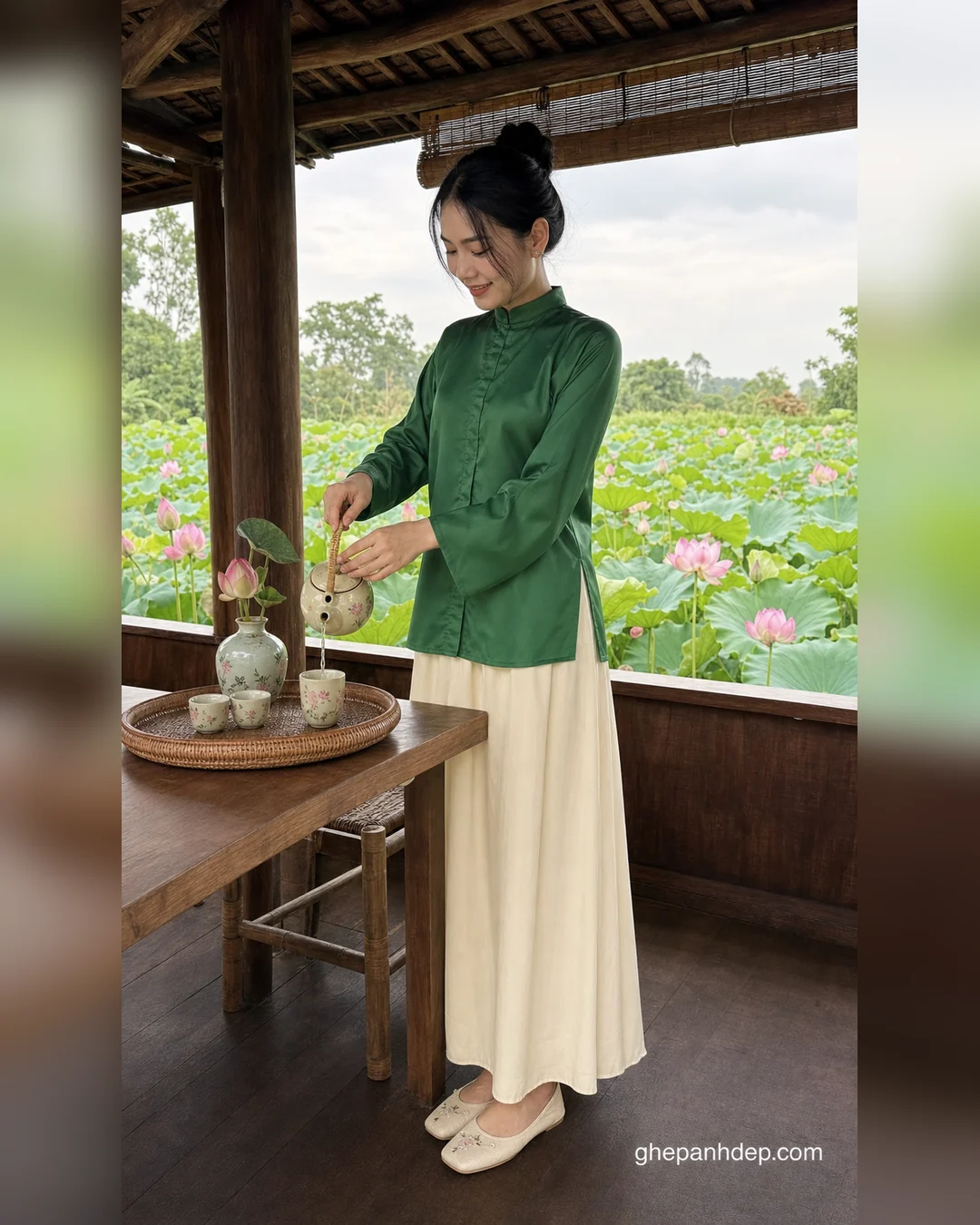 Ảnh áo xanh ngọc bên trà thất hồ sen - Ảnh hoa sen