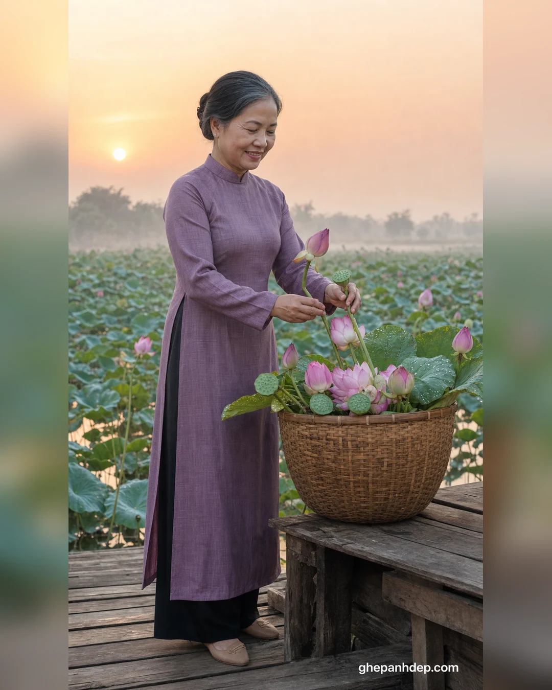 Ảnh quý cô áo dài tím thu hoạch sen - mẫu Ảnh hoa sen