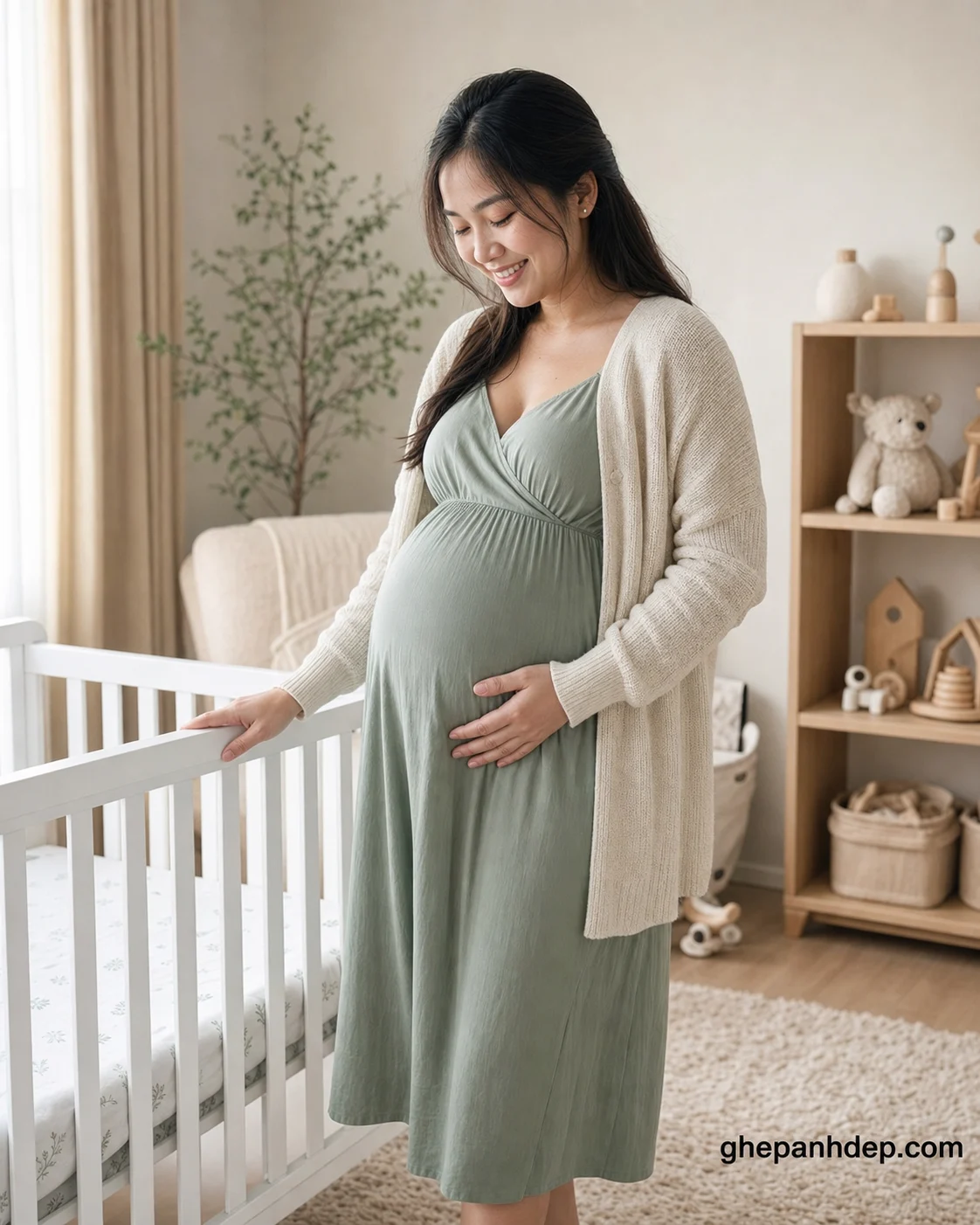 Ảnh mẹ bầu trong nursery xanh sage - mẫu Ảnh mẹ bầu