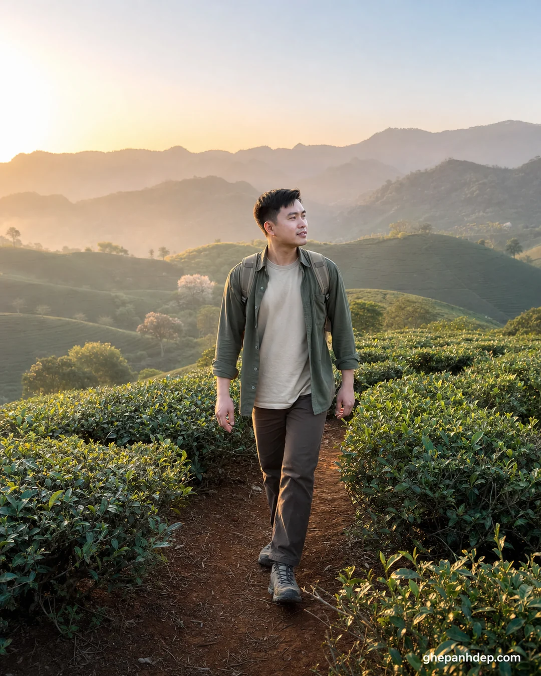 Ảnh nam trekking đồi chè Mộc Châu bình minh - Ảnh Mộc Châu