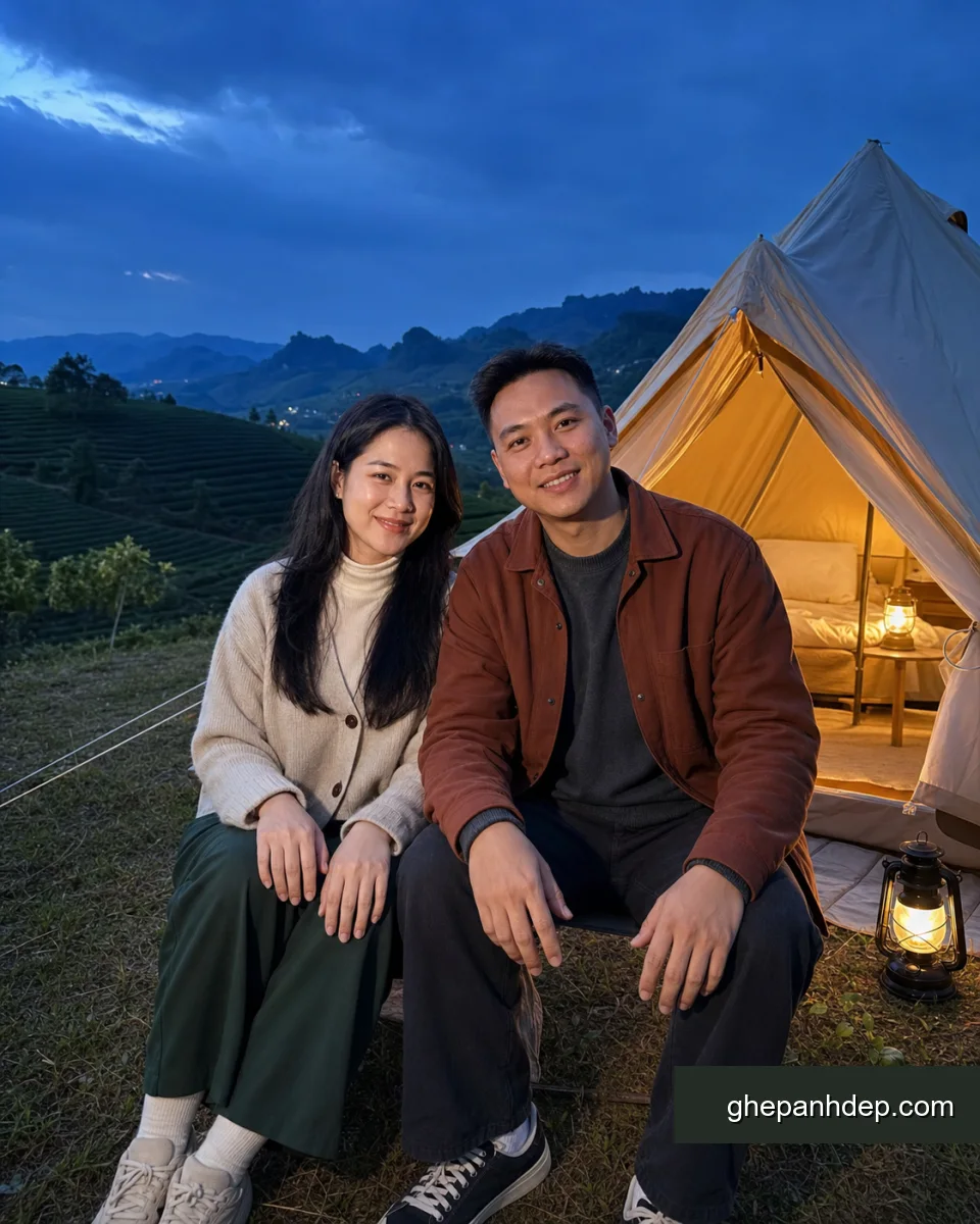 Ảnh glamping đồi chè Mộc Châu giờ xanh - mẫu Ảnh Mộc Châu