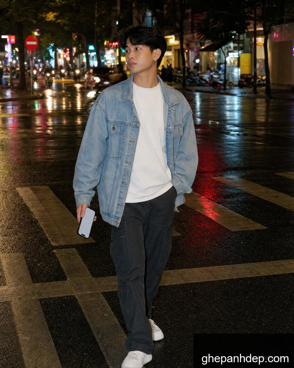 Ảnh denim streetwear đêm mưa - Ảnh phong cách