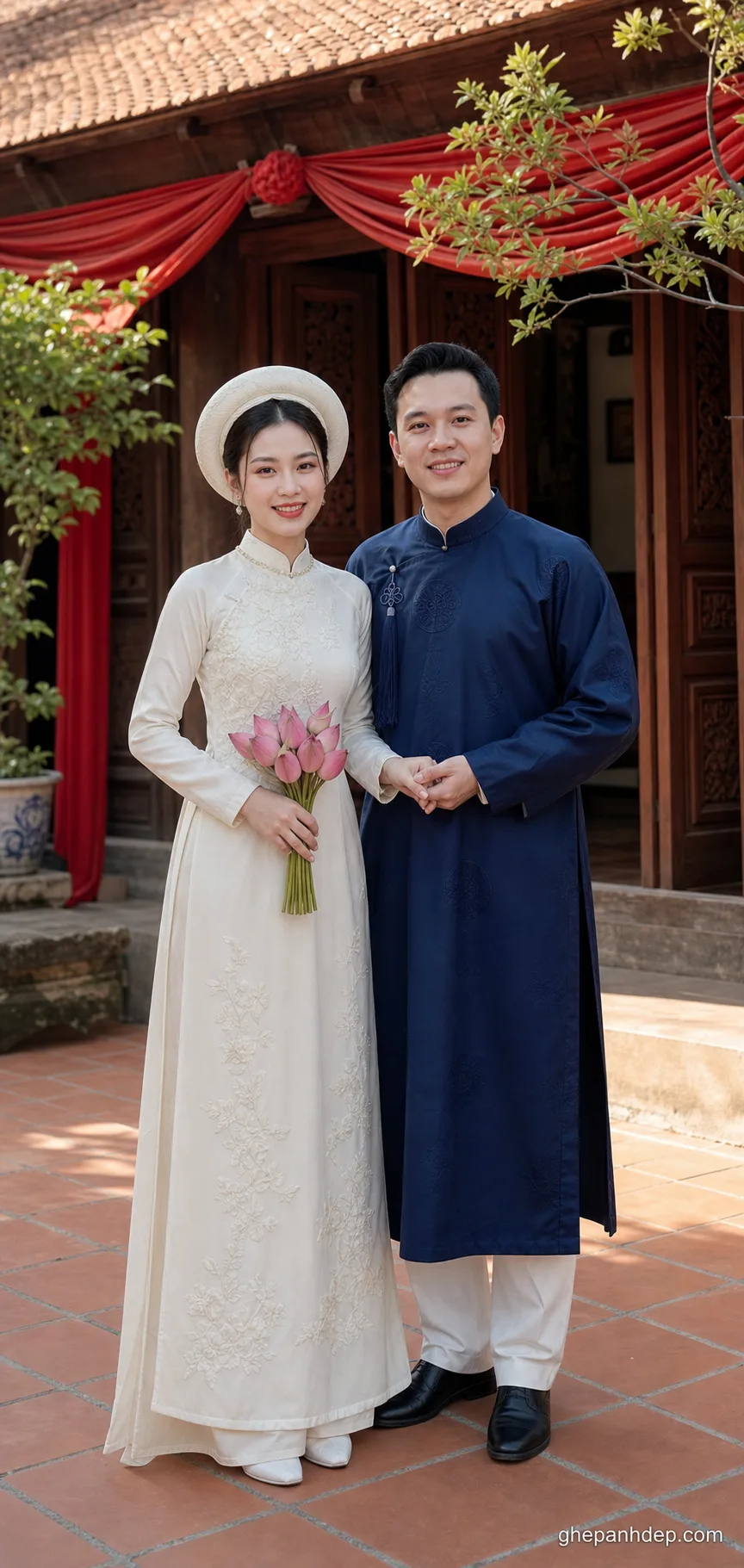 Ảnh cưới áo dài trong sân nhà cổ - mẫu Ảnh cưới