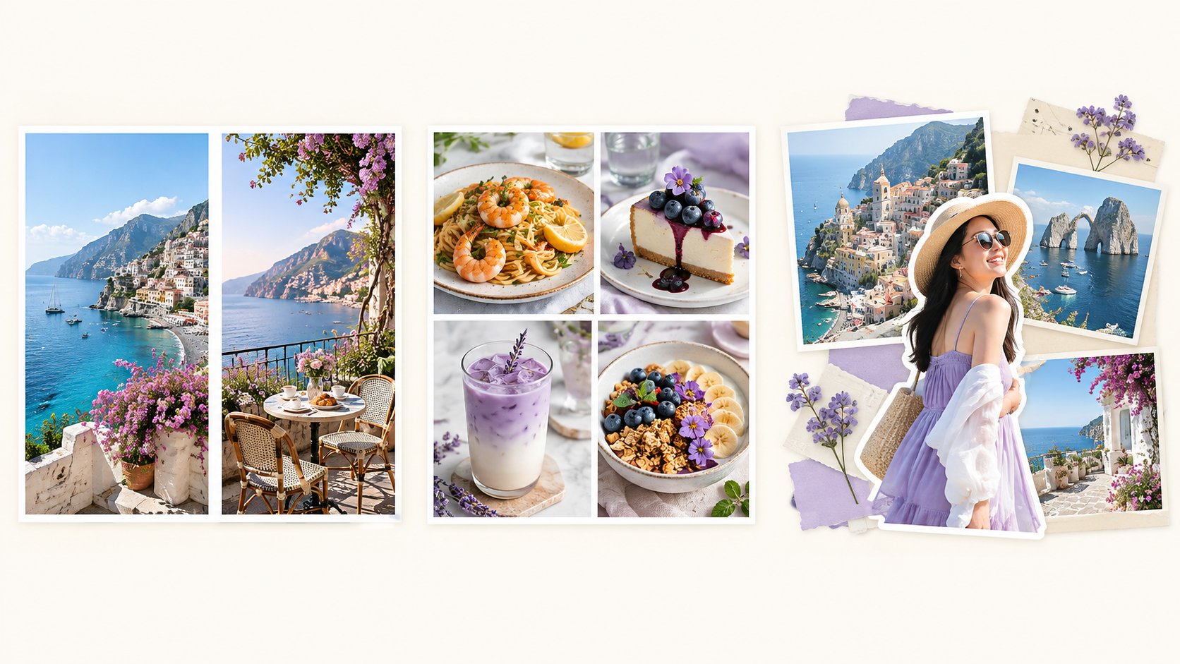 Ba bố cục minh họa: hai ảnh cạnh nhau, lưới bốn ảnh và scrapbook nhiều lớp