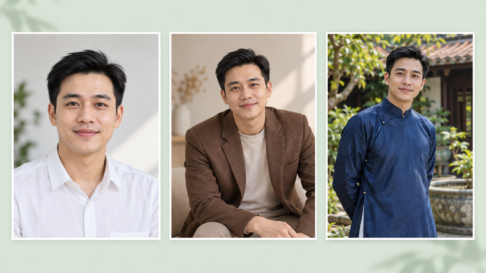 Minh họa ảnh chân dung nguồn và hai ý tưởng ảnh đích với trang phục khác nhau