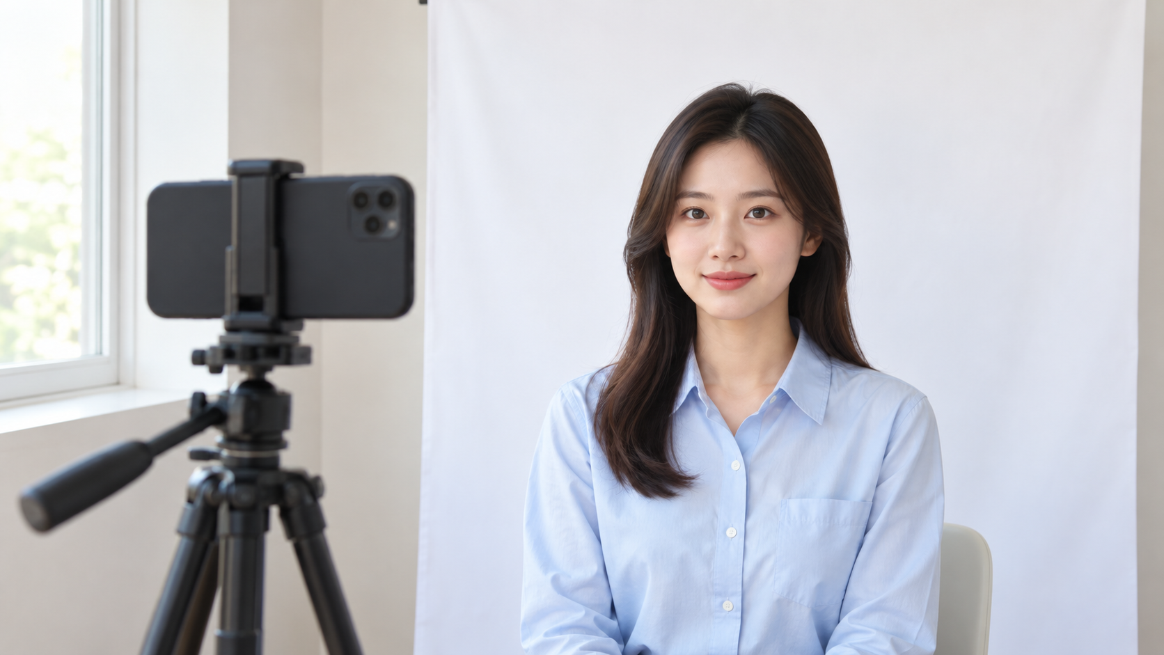 Minh họa bố trí điện thoại trên tripod ngang tầm mắt để chụp chân dung trước nền trắng
