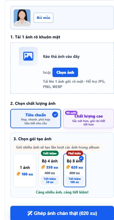 Giao diện thật mẫu ảnh thẻ có vùng tải một ảnh mặt, chọn chất lượng và chọn gói tạo ảnh