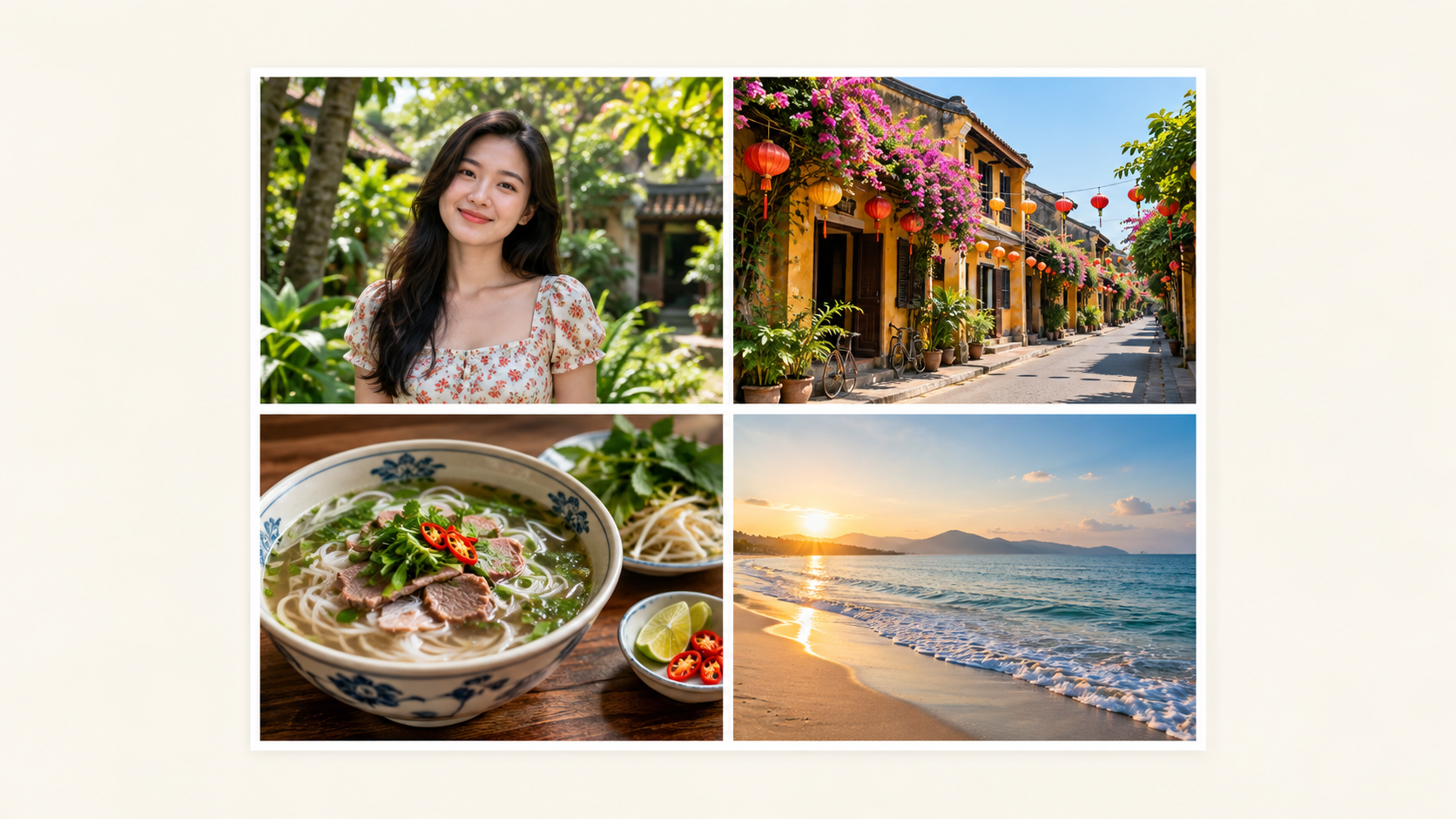 Minh họa ảnh ghép du lịch gồm bốn ô với chân dung, phố, món ăn và biển