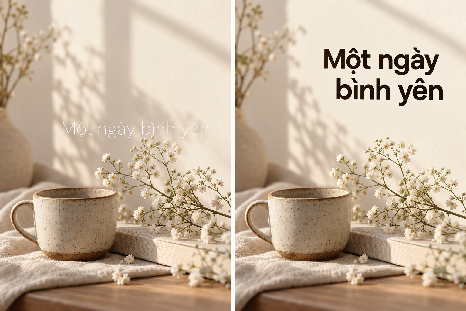 Cùng câu Một ngày bình yên trên hai ảnh: chữ trắng mảnh khó đọc và chữ nâu đậm đặt trong vùng trống dễ đọc hơn