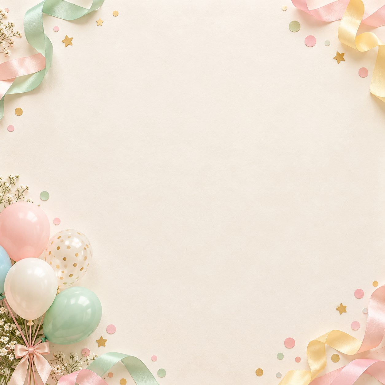 Nền sinh nhật vuông màu kem với bóng bay pastel ở góc, vùng giữa trống để đặt ảnh thật