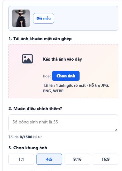 Giao diện thật mẫu sinh nhật 1 với một ô tải ảnh, ô điều chỉnh số bóng và các khung 1:1, 4:5, 9:16, 16:9
