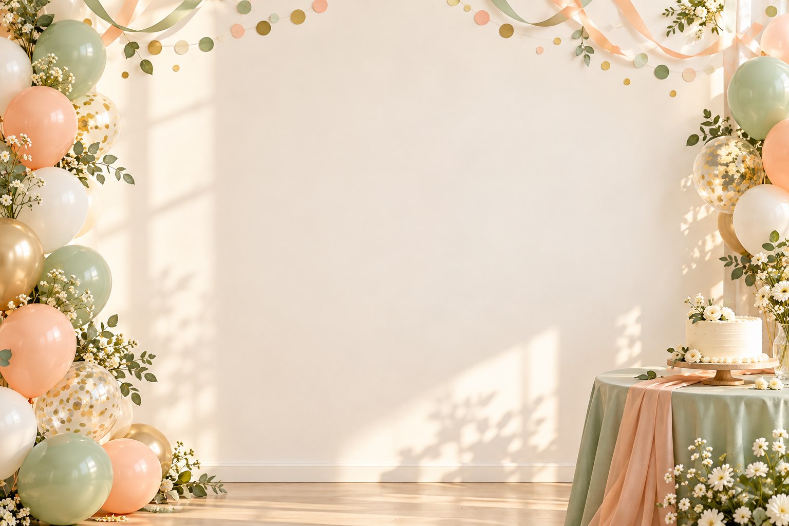 Nền sinh nhật ngang không người với đồ trang trí ở rìa và vùng giữa rộng để đặt ảnh đôi hoặc nhóm