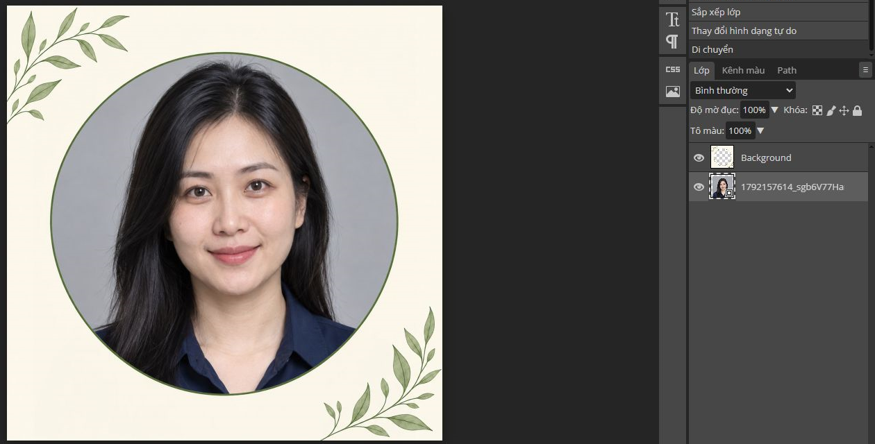 Giao diện Photopea thật với lớp Background chứa khung nằm trên lớp chân dung