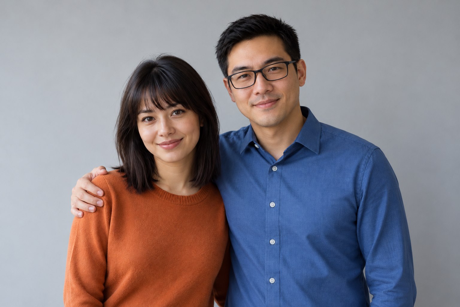 Kết quả ChatGPT web từ hai nguồn hư cấu: nữ áo cam đứng trái, nam áo xanh có kính khoác tay qua vai, cả hai nhìn máy ảnh