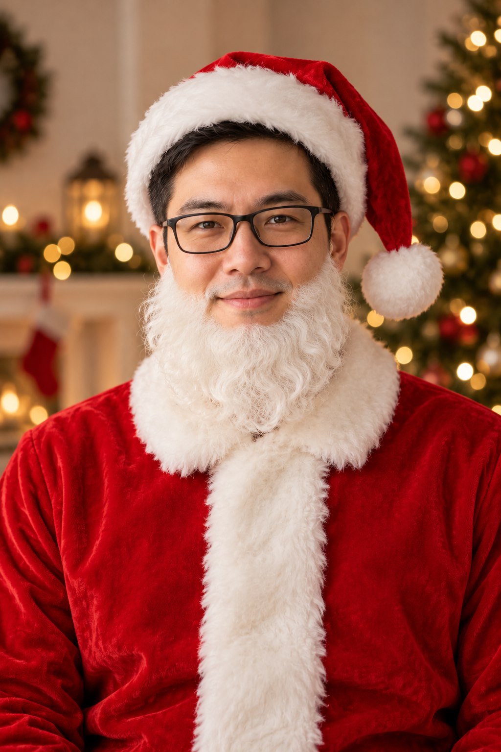 Kết quả hóa trang Santa từ nhân vật nguồn có kính: chỉ một người mặc áo đỏ viền trắng, đội mũ và thêm râu trắng