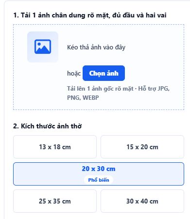 Giao diện thật mẫu Ảnh thờ cụ bà nhận một chân dung và có năm lựa chọn kích thước ảnh thờ