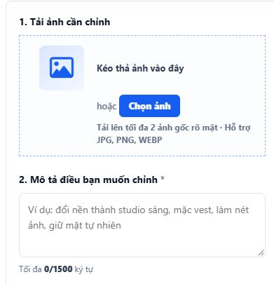 Giao diện thật công cụ chỉnh ảnh theo yêu cầu với tối đa hai ảnh đầu vào và ô mô tả