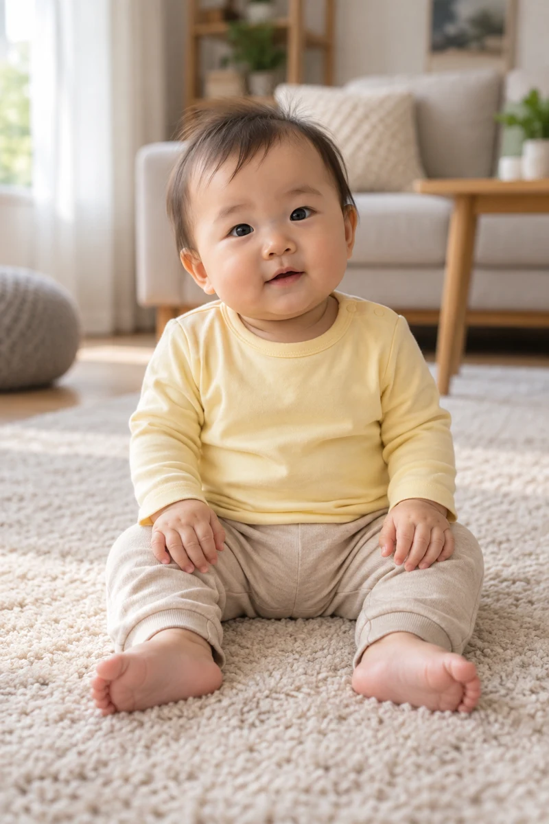 Em bé hư cấu mặc áo vàng nhạt, quần be, ngồi trên thảm phòng khách với hai tay nhìn rõ
