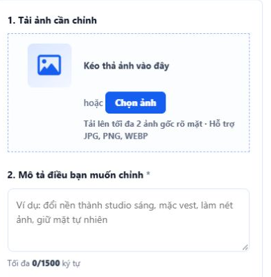 Giao diện thật của GhepAnhDep có vùng tải tối đa hai ảnh và ô mô tả yêu cầu chỉnh ảnh tối đa 1500 ký tự
