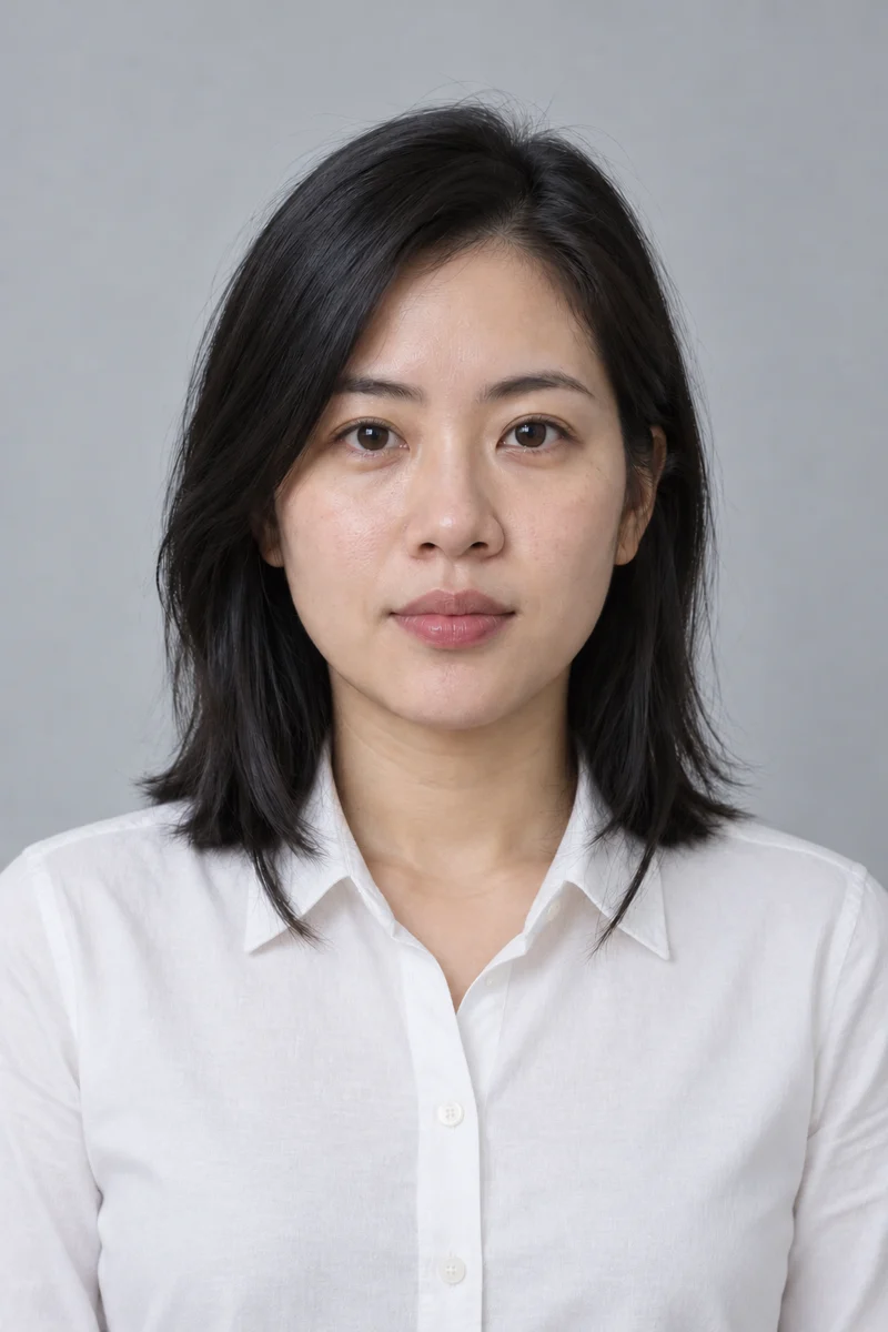 Phương án sơ mi trắng cổ bẻ được chỉnh từ chính chân dung nguồn, giữ nền xám và tư thế nhìn thẳng